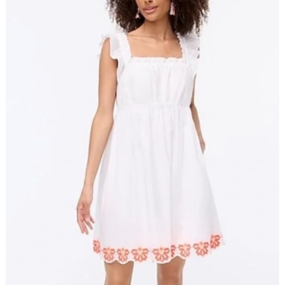 J Crew Flutter Sleeve 100% Cotton White Dress Bright Embroidered Floral Hem Sz 6